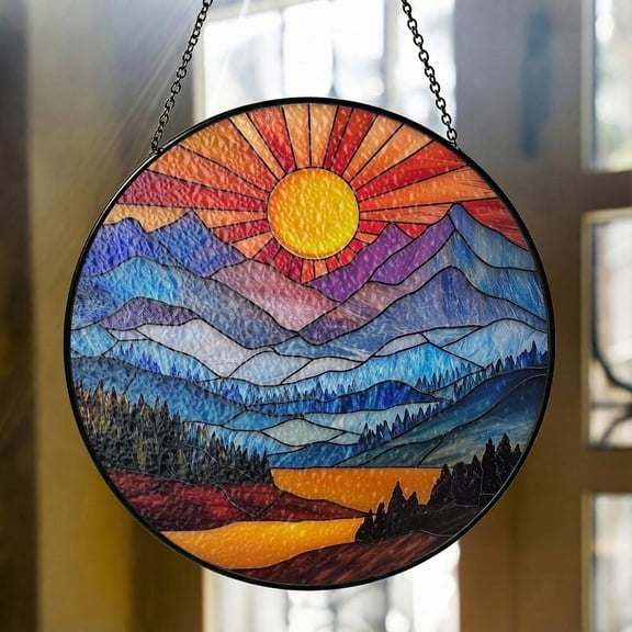 Mountain Landscape Sunrise Stained Glass Suncatcher Nature Wall Art Sunset Ornament Gift