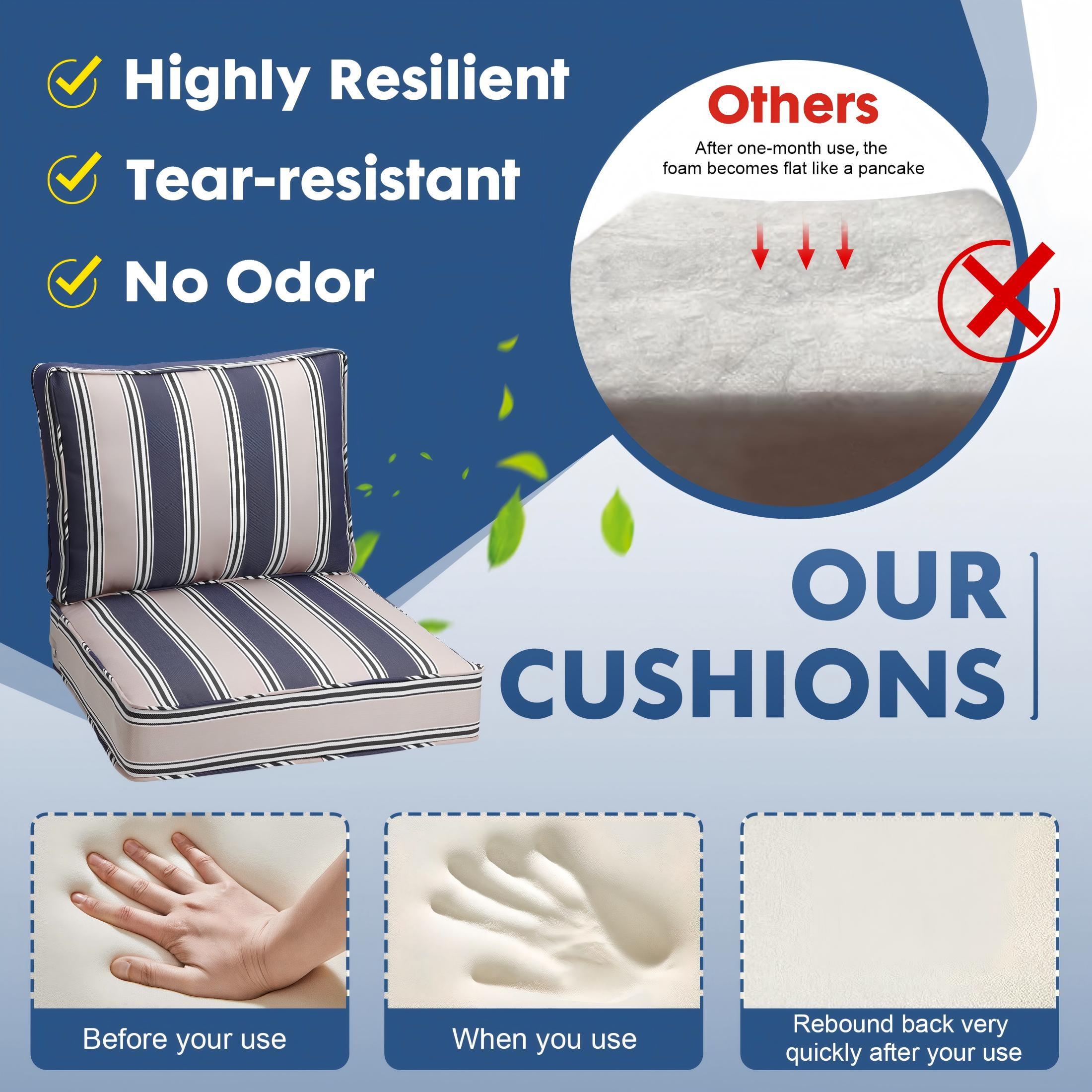 Naturoasis Outdoor Sofa Cushion Set of 4 for 2-Seater Patio Furniture, 24 x 24Inch Waterproof Fade Resistant Deep Seat and Back Cushions with Removable Covers,Sofa, Blue Stripes