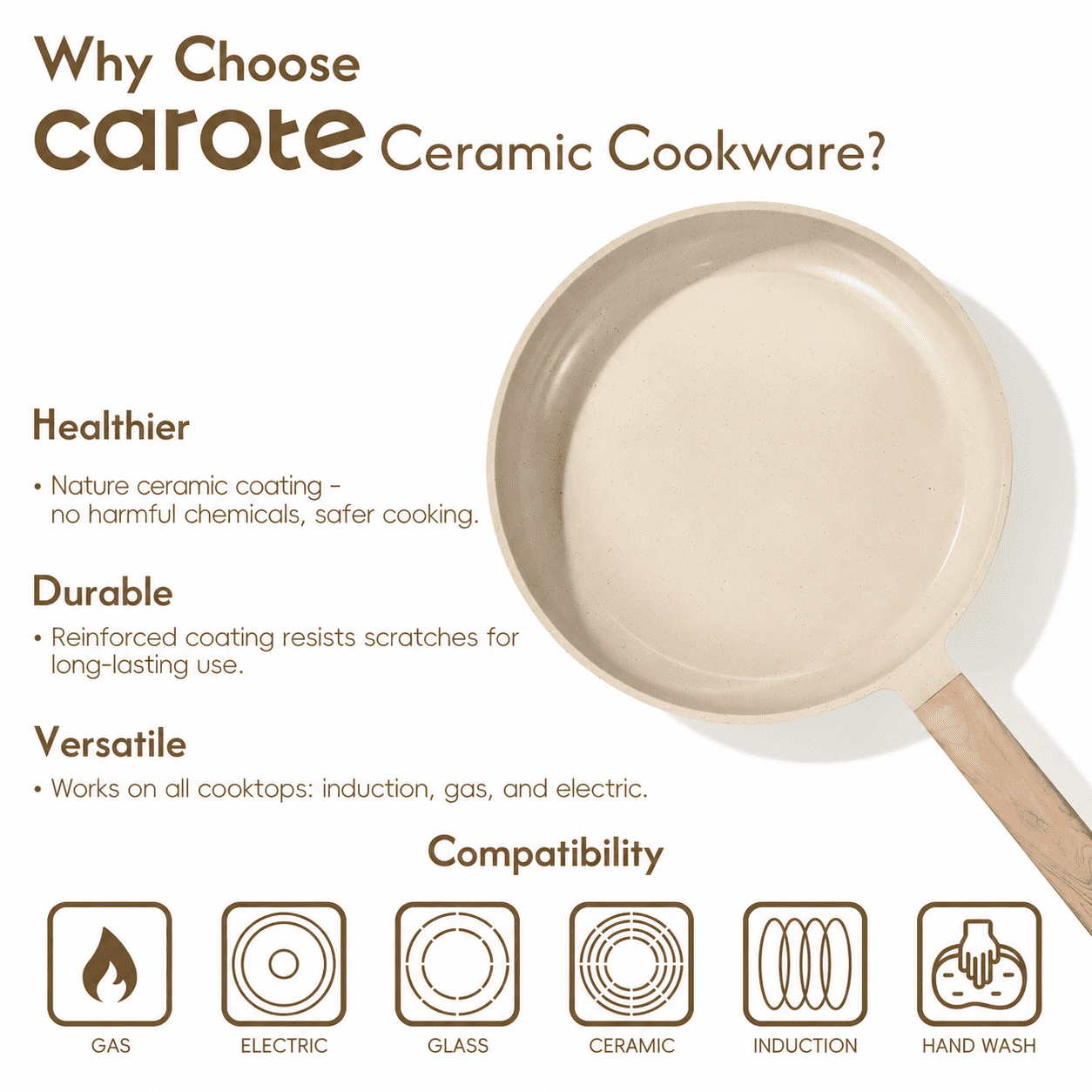 CAROTE 19-Piece Ceramic Pots and Pans Set, Nonstick Cookware Set with Lids, Induction Compatible, Oatmeal