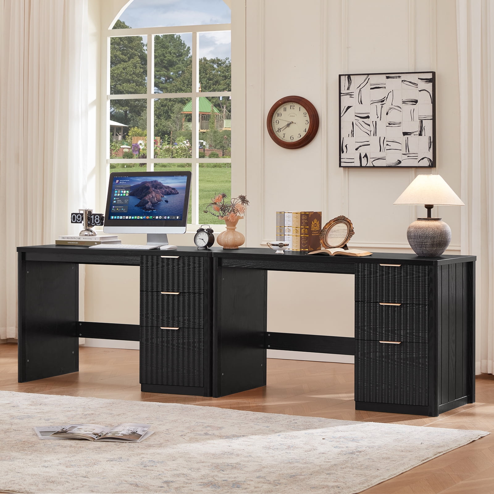 Joaxswe 48" Computer Desk with 3 Drawers, Fluted Wood Home Office Desk, Farmhouse PC Desk for Study, Bedroom, Black