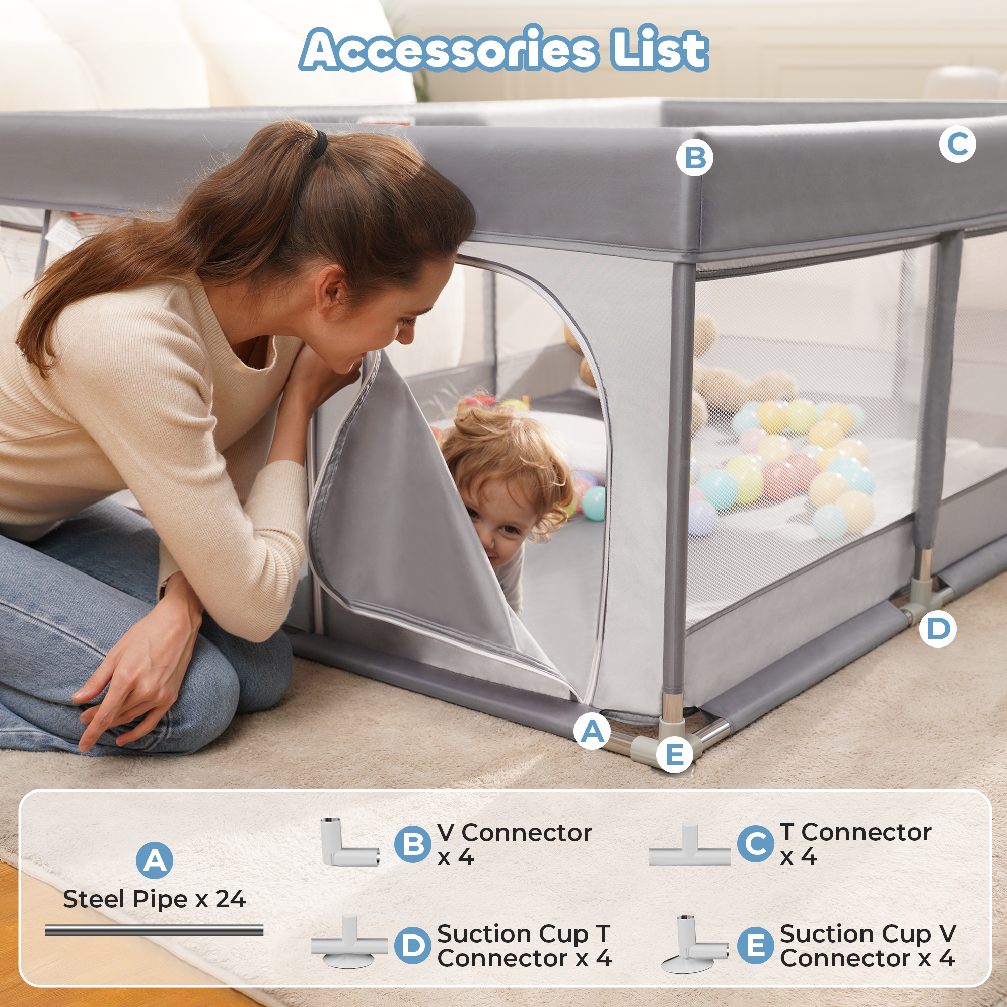 Babyeap Large Baby Playpen, 50" x 50", Gray photo 3