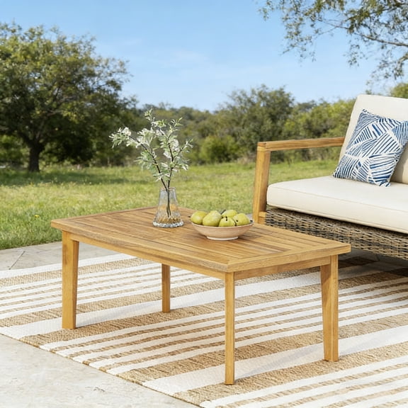 Outdoor Acacia Wood Rectangular Coffee Table, Teak Finish, Slat Panel Design – Weather-Resistant Patio Table for Backyard & Garden