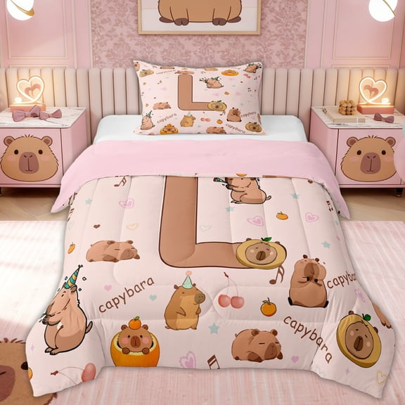 Erosebridal Monogrammed L Twin Comforter Sets for Kid, Capybara Lover Bedding Set, 2pcs, Pink Reversible