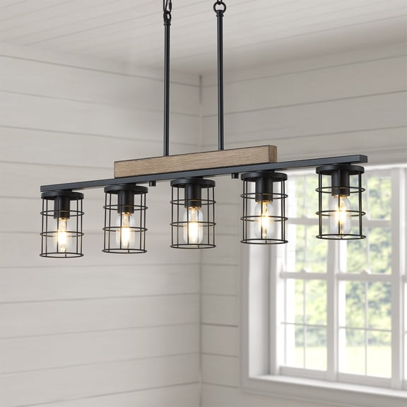 Black Industrial 5-Light Pendant Light 36.2 Inch Hanging Light with Adjustable Chain, for Kitchen Island Dining Room & Restaurant
