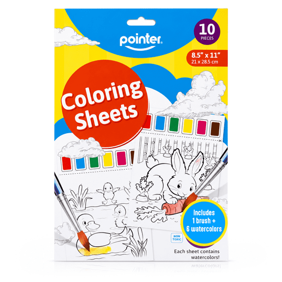 Pointer Kids Watercolor Painting Set with Coloring Sheets and Brush, 10 Count, 8.5 x 11 Inches, Non‑Toxic