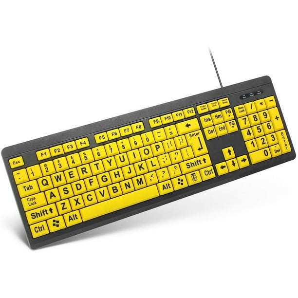Teclado de computadora con impresión grande, teclado USB con cable de alto contraste con letras impresas de gran tamaño para personas con discapacidad visual y baja visión (amarillo + negro) Zhivalor CZDZ-ZC161
