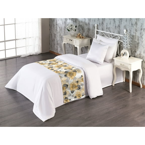 Garden Scene Bed Runner, Cottagecore Vibes Boho Modern Flowers Vintage Pattern Autumn Print, Decorative Accent Bedding Scarf for Hotels Homes & Guest Rooms, Twin, Amber Charcoal Grey, by Ambesonne