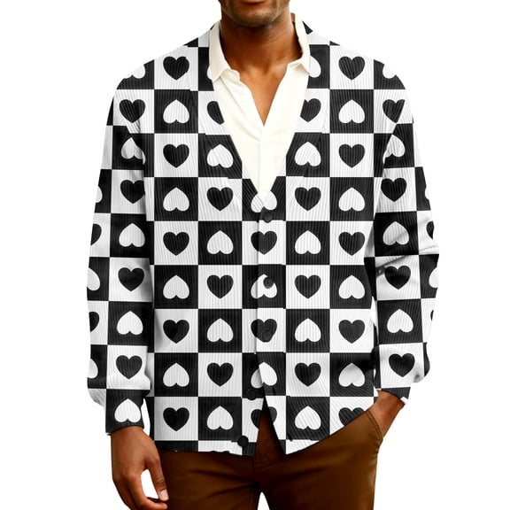 Fgvctg Valentine's Day Mens Cardigan Ribbed Knit Romantic Sweater Casual Long Sleeve Coats Love Heart Print Cardigan Spring Button Down Sweaters Loose Outfit Black M