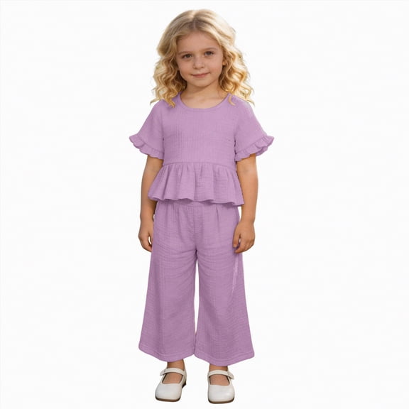 Gubotare Little Girls Outfits Girls formal Wear 2 Piece Outfits Button Ruffle Hem Puff Sleeve Blazer and Flare Pants Suit Set Size 6-7 (Purple,6-7 Years)