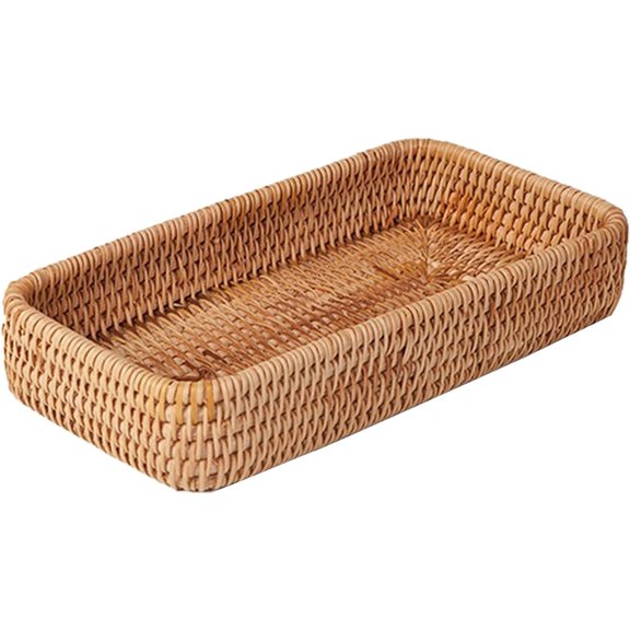 GoXteam Hand-Woven Round Rattan Serving Tray Decorative Wicker Trays with Handles for Coffee Table, 8.27" x 4.33" x 1.58"
