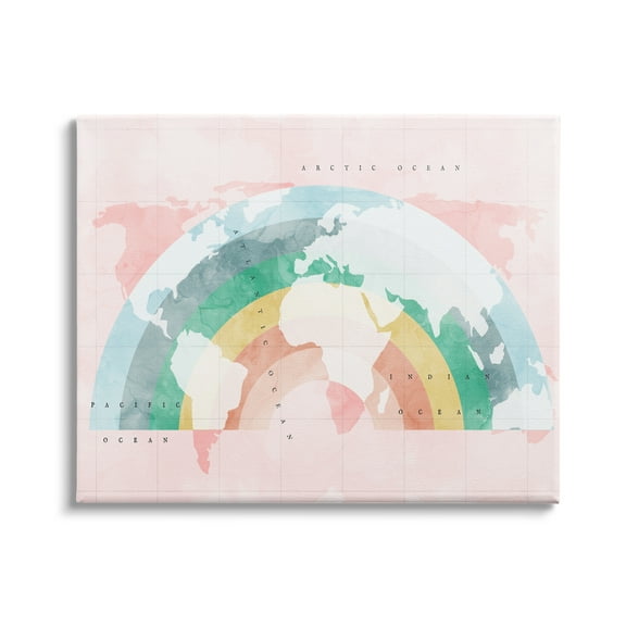 Stupell Industries Children's Pink World Map with Modern Rainbow Graphic Art Gallery-Wrapped Canvas Print Wall Art, 20x16, by Daphne Polselli