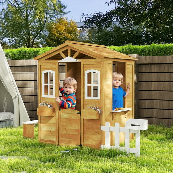 Outsunny Wooden Playhouse for Kids Outdoor with Flower Pot Holders, Natural