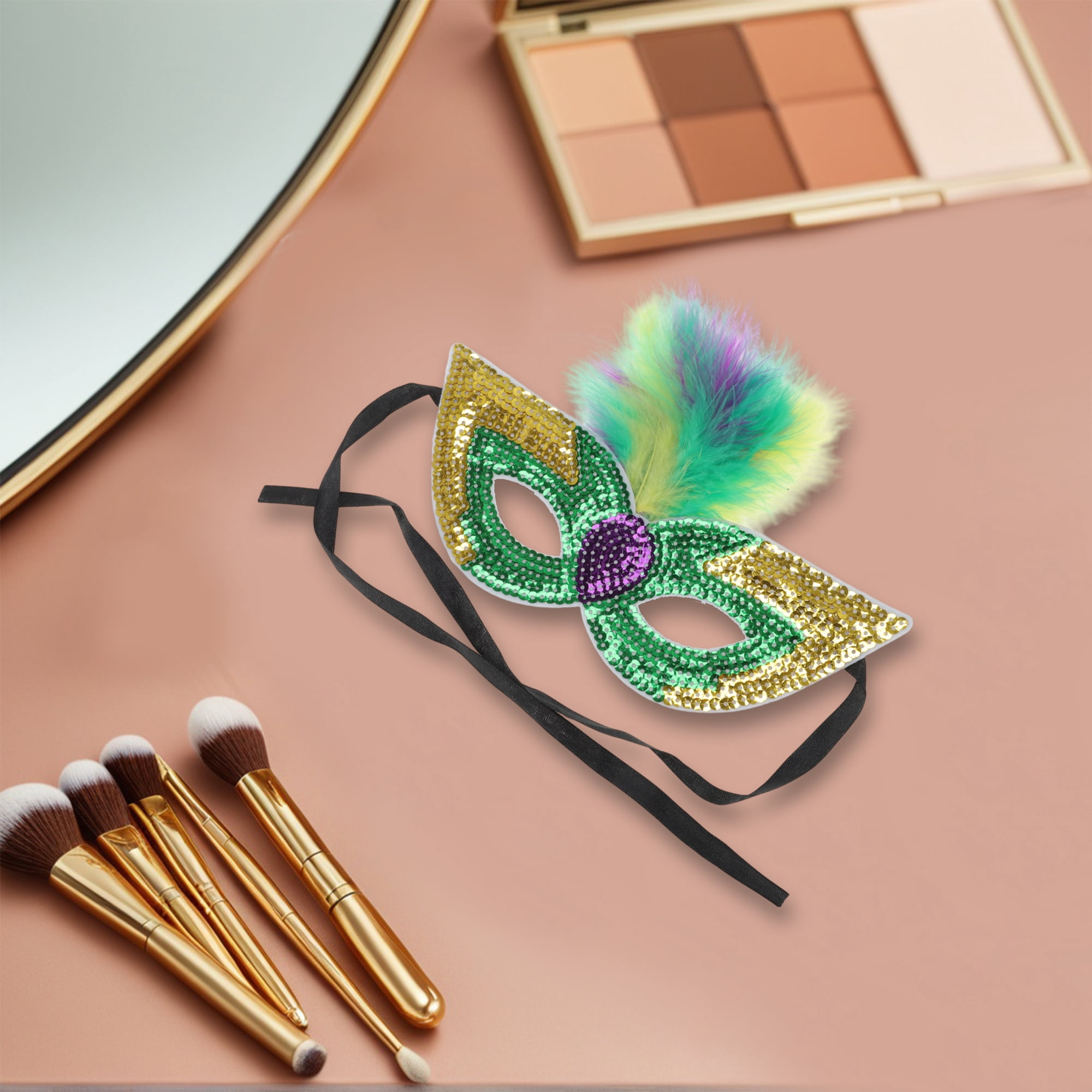 Unique Bargains 1 Box Colorful Feather Sequins Half Face Party Mask Dark Green