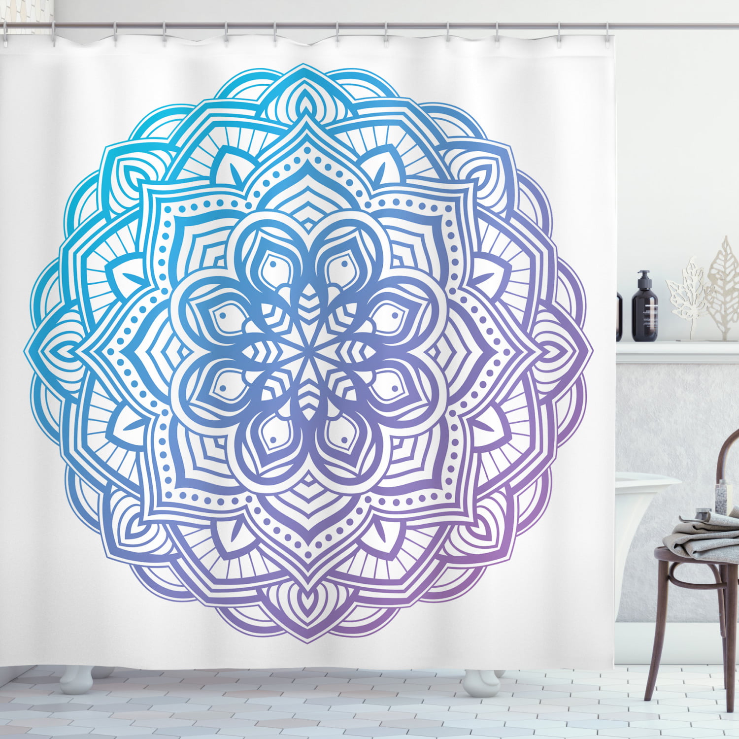 72in Long Abstract Mandala Floral Waterproof Fabric Shower Curtain Liner & Hooks 