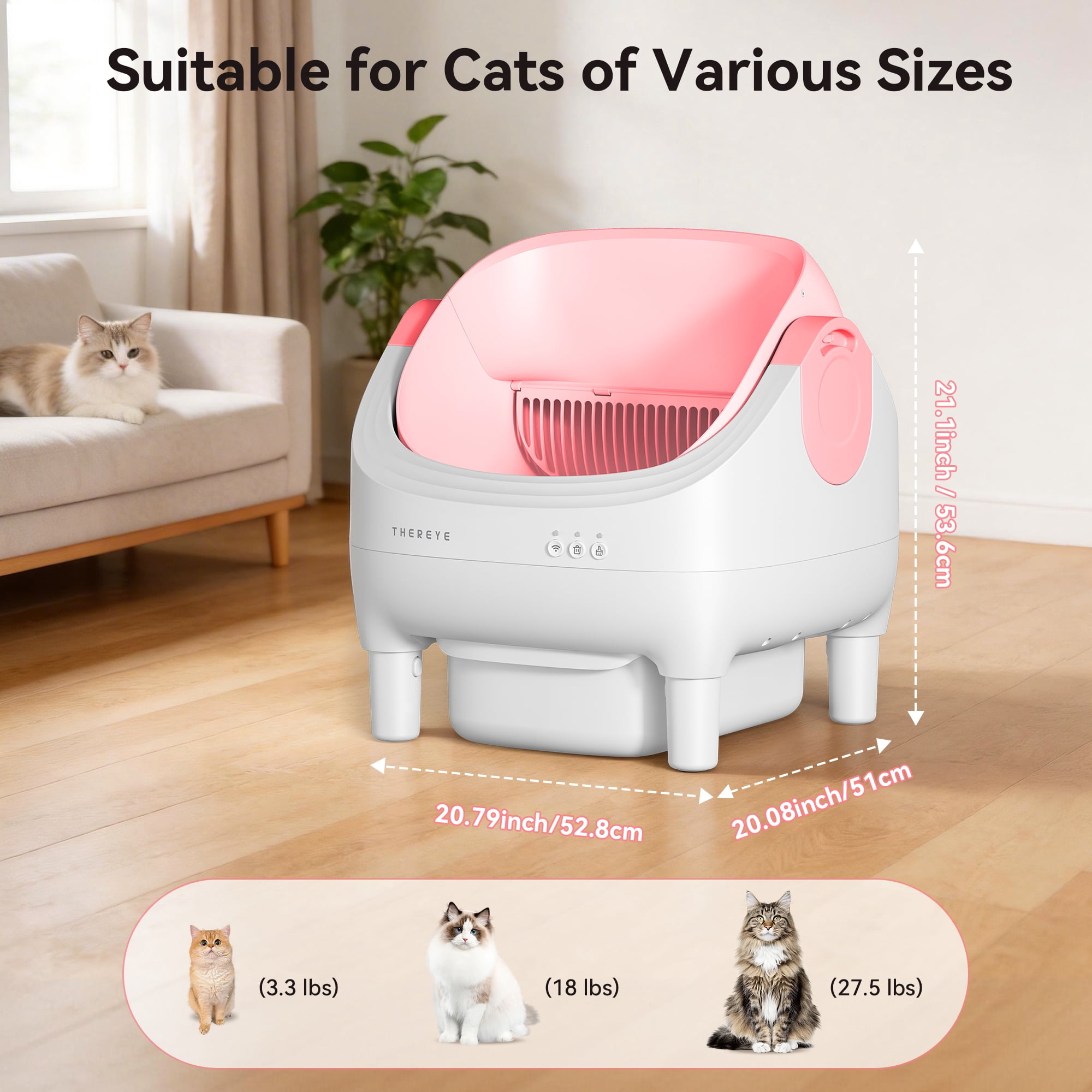 Osoeri Self Cleaning Cat Litter Box, Automatic Litter Box Self Cleaning ,Open Top Large Litter Box for Multiple Cats,with Safety Protection, APP Control,Odor Removal,Mat and Waste Bags Included, Pink