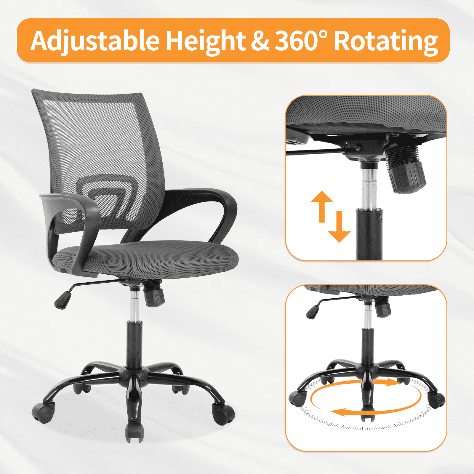 Mid Back Computer Chair Mesh Office Chair Height Adjustable Task Rolling Swivel Chair Comfortable Seat & Back Support Ergonomic Desk Chair with Armrest & 360 Degree Casters,Grey
