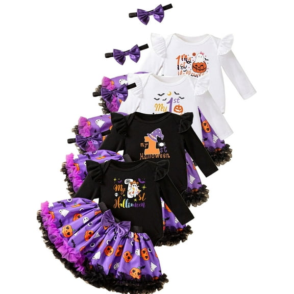 WIBACKER Newborn Baby Girl My 1st Halloween Skirt Outfit, Infant Pumpkin Dress, Toddler Romper Tutu Skirt Headband Set