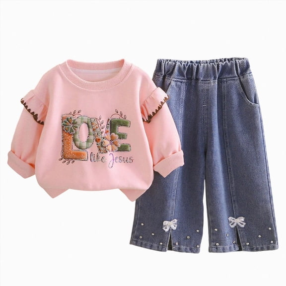 Toddler Girls Clothes Outfits 12 18 24 Months 2T 3T 4T Toddler Girls Fall Winter Clothes Girls Cute Pullover Bell Bottom Jeans Pants 2PCs Set Dailywear Pink Size 3-4 Years