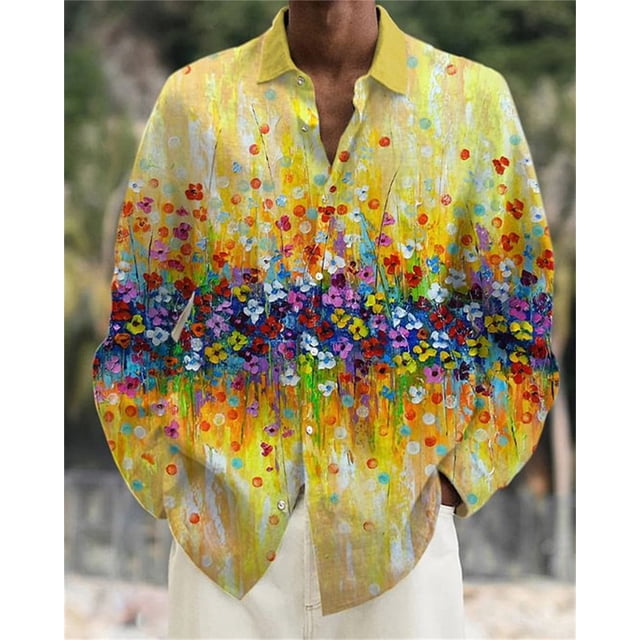 Camisa con botones y cuello vuelto de manga larga con estampado abstracto 3D de flores de llama para hombre, superventas de