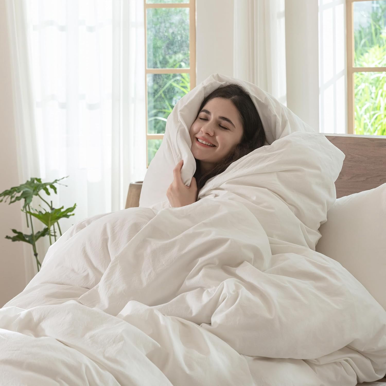 Full Size Off White Washed Cotton Textured Duvet Cover Set