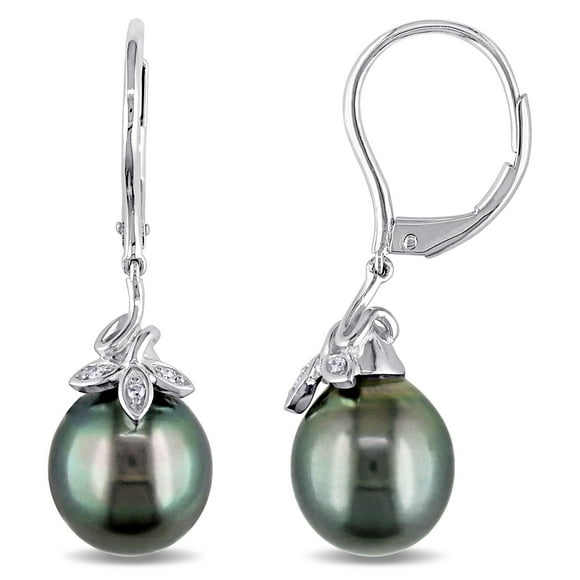 Miabella 9-10mm Black Tahitian Pearl and Diamond-Accent 10kt White Gold Drop Earrings