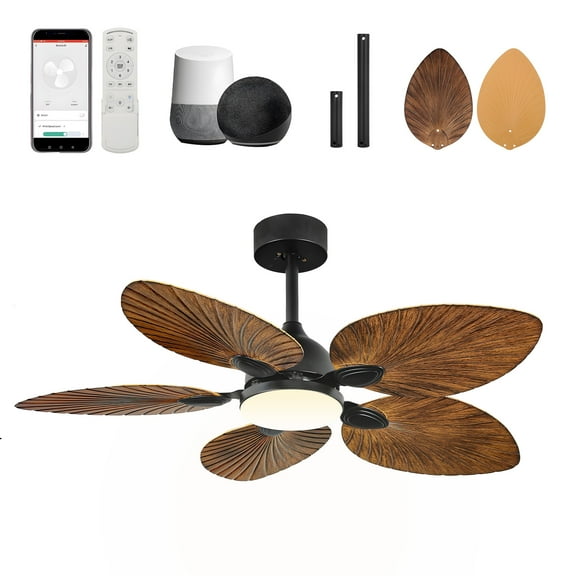 Uforic 42 Inch Tropical Palm Leaf Ceiling Fan with Lights and Remote/APP Control, Quiet DC Motor, 6-Speed, Dimmable, Adjustable Height, Reversible 5 Blades - Walnut