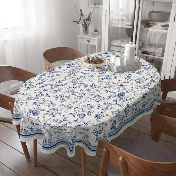 Oval Tablecloth -60x84 Inch, Waterproof Tablecover for Oval Tables 60 x 84,Vintage Hand Drawn Floral Birds Design Table Cloth Perfect for Kitchen Dinner Restaurant Outdoor