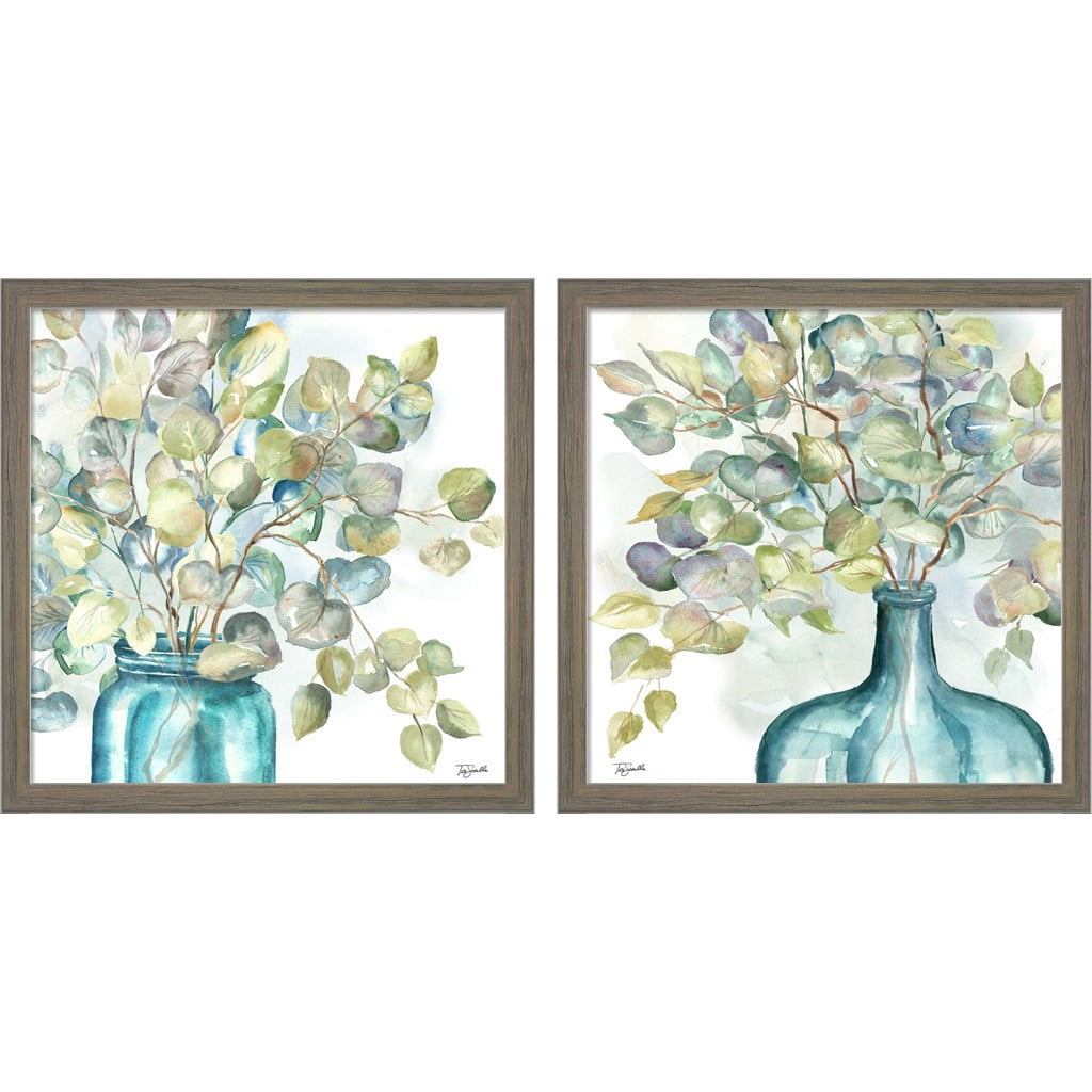 Eucalyptus in Mason Jar Framed Art Set with Distressed Grey Frame