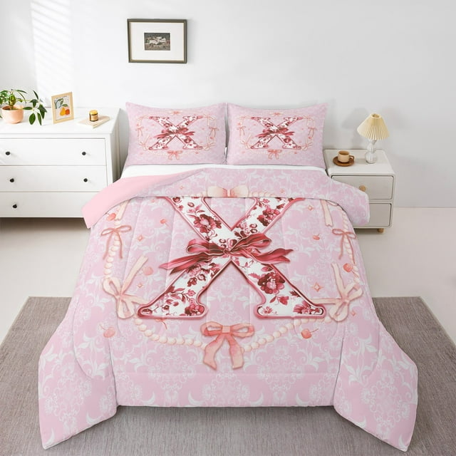 Erosebridal Bow Alphabet Bedding King Comforter Set,Red Flower Bedding Sets King with Comforter,Letter Personalized Down Comforter,Microfiber Floral Room Decorative,Reversible,3 Pieces
