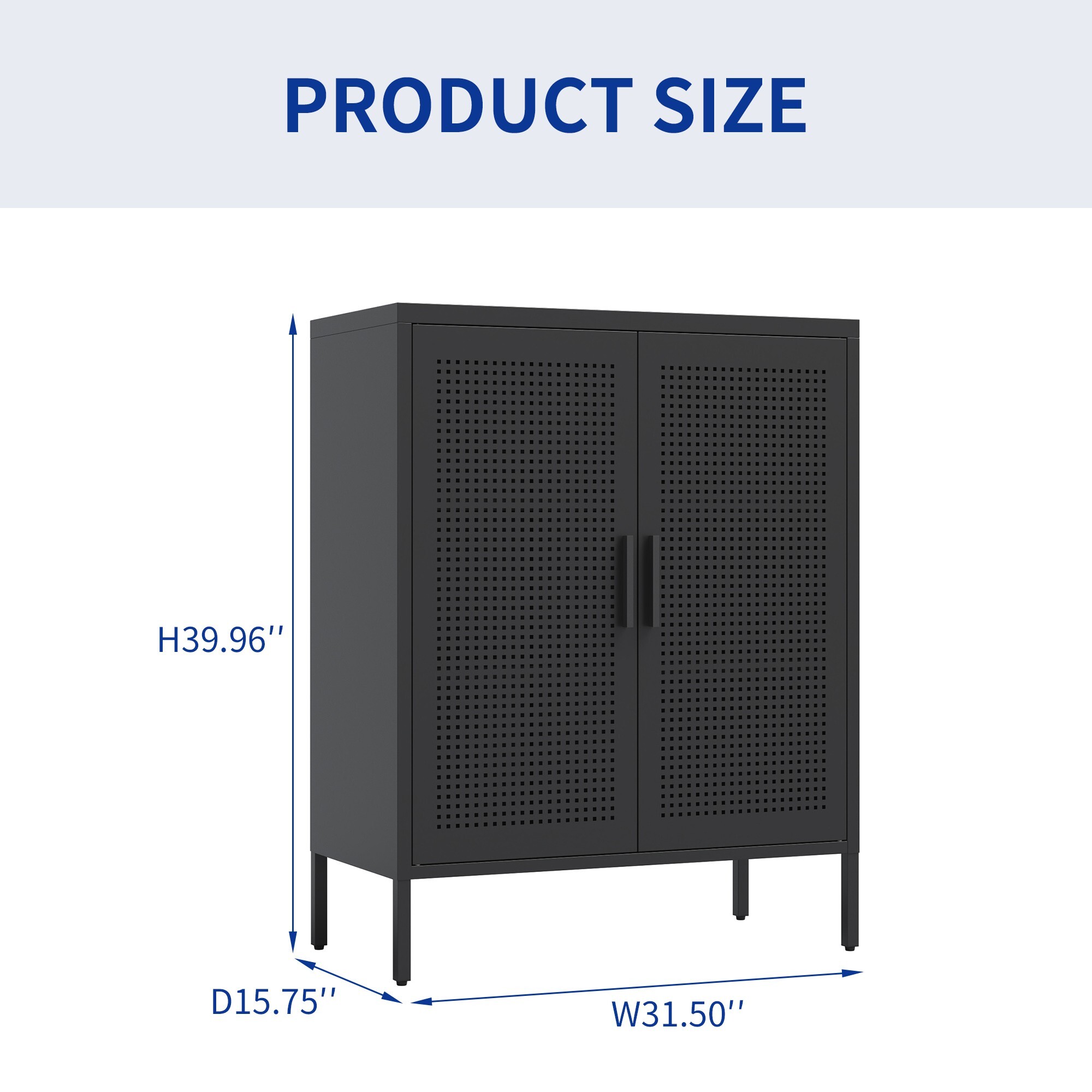 AENKYO Heavy-Duty Steel Cabinet with Ventilated Grid Doors & Gold Handle, Adjustable Shelves, for Home & Office, Black