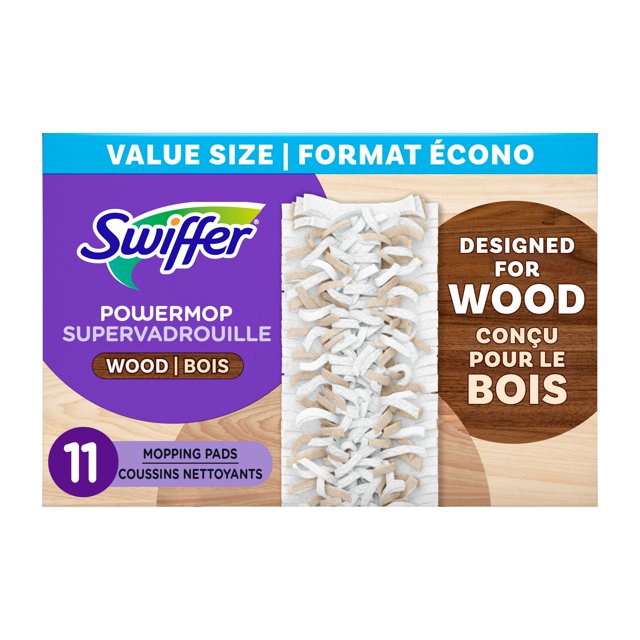 Swiffer Powermop value size pack of 11 wood-specific mopping pads designed for effective cleaning on wood floors