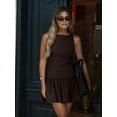 thumbnail image 6 of Women Dresses Cute Sleeveless Boat Neck Bowknot Ruffle Pleated A Line Flowy Zipper Mini Dress Brown M, 6 of 9