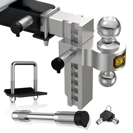KYX Adjustable Trailer Hitch - 8 Inch Drop Hitch for 2" Trailer Hitch Receiver, 12,500 LBS GTW Heavy Duty Truck Hitch with Dual Balls (2" & 2-5/16"), Anti-Theft Locking Pins, Aluminum Ball Mount