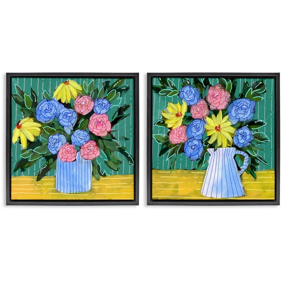 Stupell Industries Bright Flowers on Stripes Plants & Flowers Painting Black Floater Framed Canvas Art Print Wall Art, 18 x 18, Set of 2