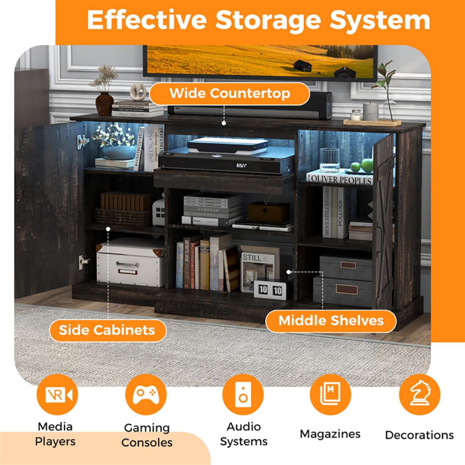 Demi Bonn TV Stand for 65" TVs, Entertainment Center with 20 Color Led Lights, Modern Media TV Console Table for Living Room Bedroom, Brown