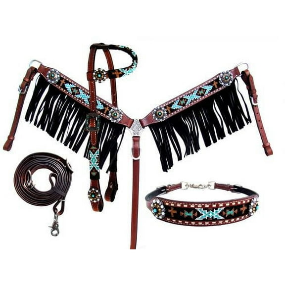 Showman 4 Piece Beaded Southwest Design Headstall & Breast Collar Set w/ Fringe