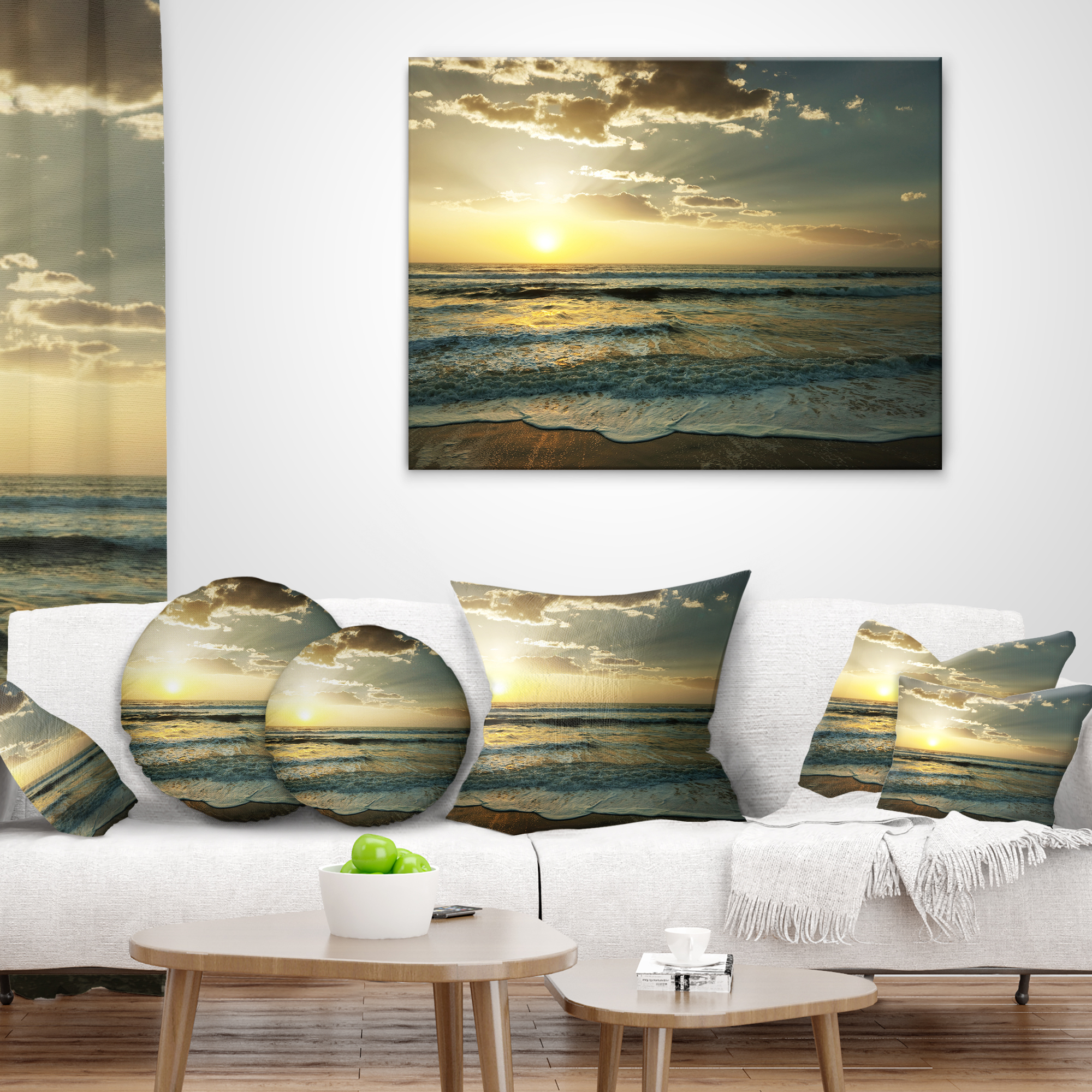 Designart Dark Beach and Waves At Sunset - Beach Photo Throw Pillow - 18x18