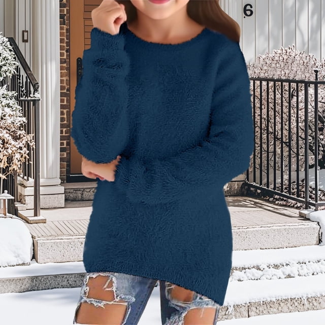 LIJCC Chandail à Manches Longues pour Fille, Col Rond, Moelleux et Duveteux, Robe chandail-Over Douce et Confortable, Ample, Surdimensionnée, Mode, Longue, Tricotée, Automne Hiver
