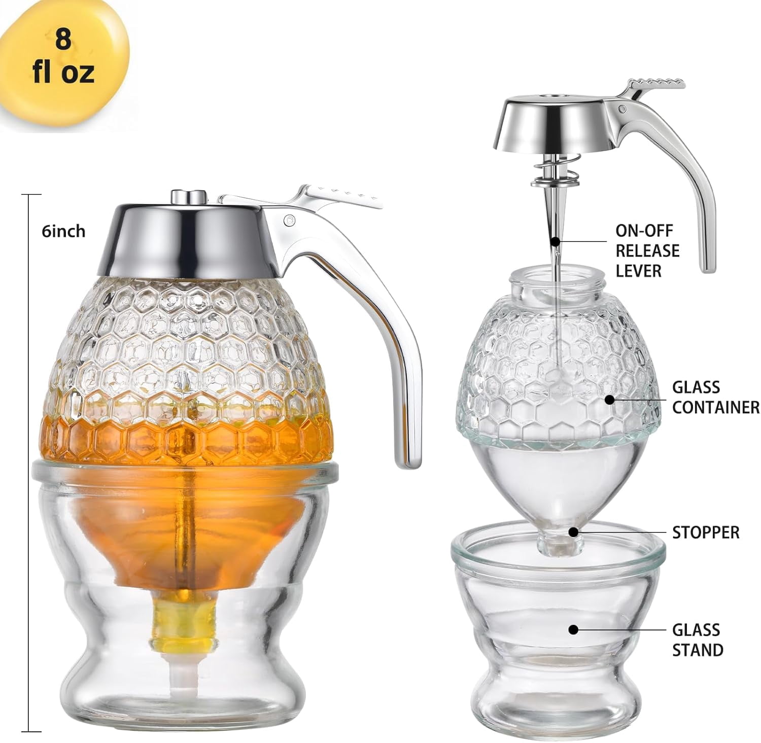 Glass Honey Dispenser 8 Ounces - Drip-Free Jar With Stand, Kitchen Leak-Proof Syrup Dispenser, Elegant Honeycomb Design For Storing Honey, Maple And Coffee