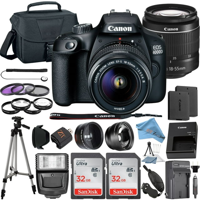Canon EOS 4000D / Rebel T100 Appareil Photo Reflex Numérique avec Objectif 18-55mm + 2 Pcs SanDisk 32 Go Mémoire + Trépied + Étui + Kit ZeeTech