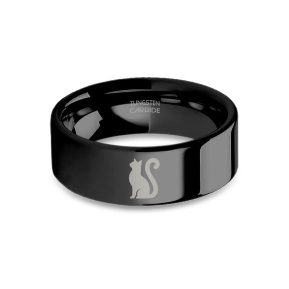 Tomcat Tabby Cat Shadow Engraved Black Tungsten Wedding Band, 8mm, Size 15