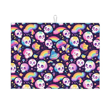 

Dish Drying Mats for Kitchen Counter - Skull colorful mushroom rainbow 18x24in Dish Drying Pad Coffee Mat with Hanging Loop Super Absorbent Kitchen Counter Mat Coffee Bar Accessories