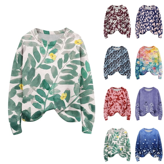 Long Sleeve Pullover Sweaters For Women O Neck Casual Cute Printing Knit Oversized Sweater for Fall Winter Floral Designs,Blue,L