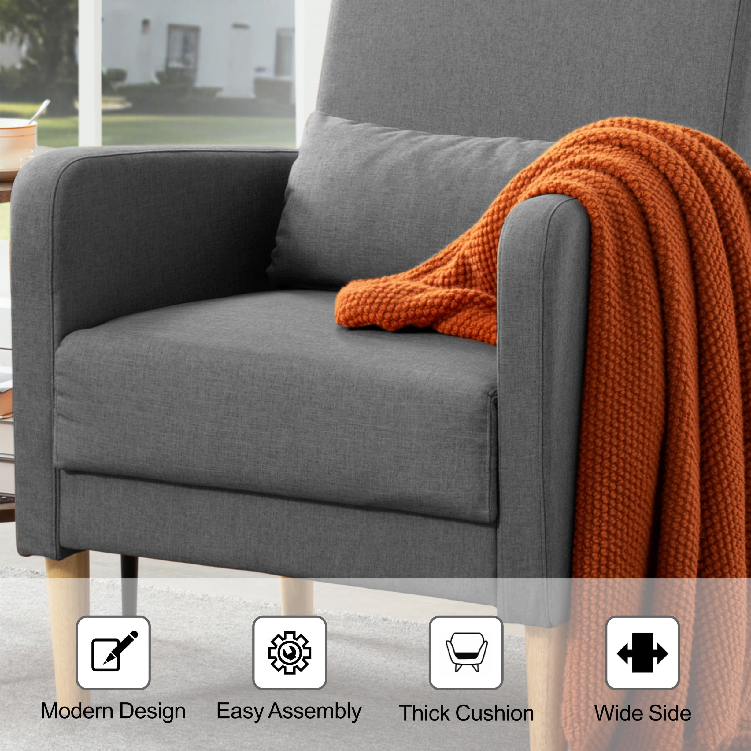 BSHTI 26.5" Accent Chair with Solid Wood Frame, High-Density Foam Seat, 5 Colors, Easy Assembly, Includes Pillow, Linen Dark Grey