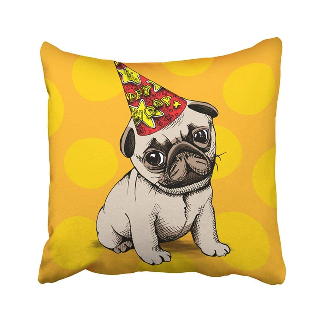 WOPOP Brown Birthday Puppy Pug In Party Hat On Yellow Dog Cartoon Happy  Year Adorable Animal Pillowcase Pillow Cover 18x18 inches 