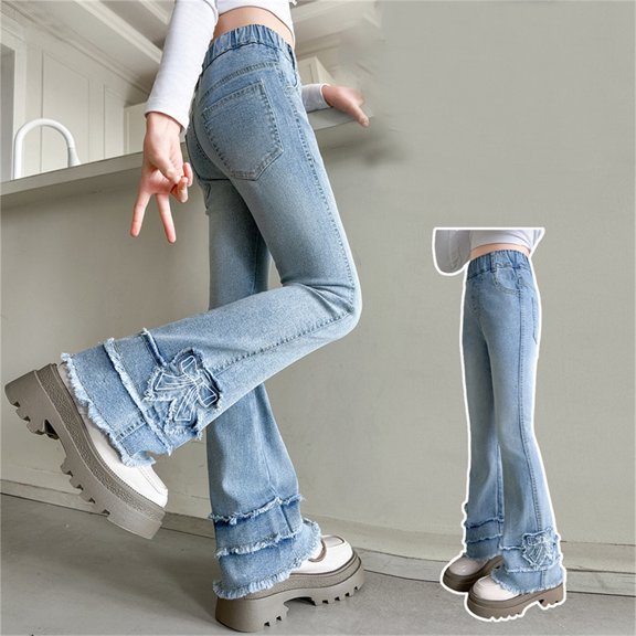 Pants for Girls Kids Bow Applique Flared Bootcut Jeans Solid Comfortable Casual Fit Girls 4-5Y
