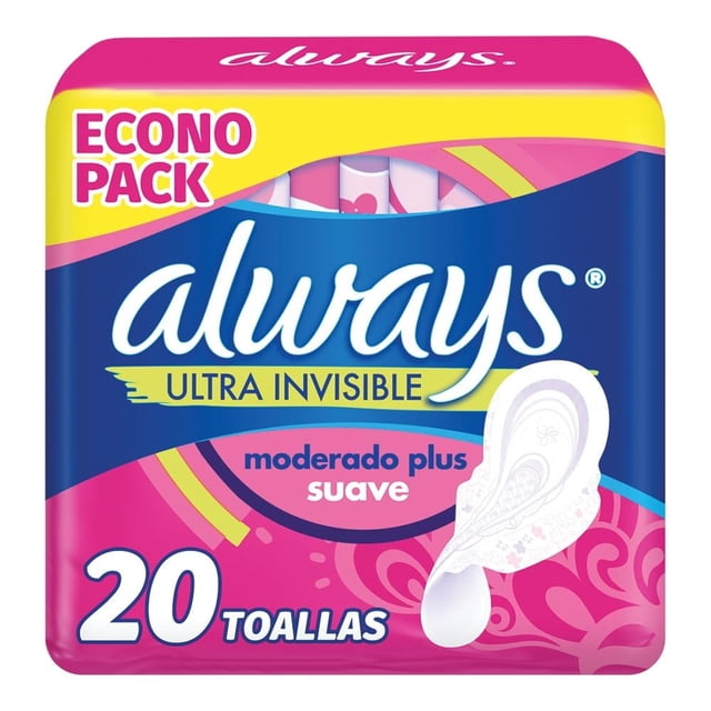 Toallas femeninas Always ultra invisible flujo moderado plus suave con alas 20 pzas