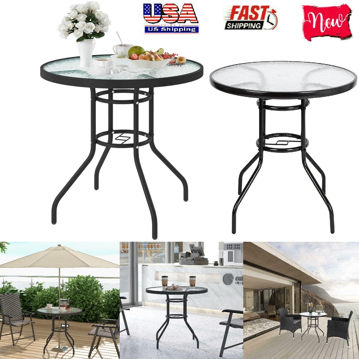 Goorabbit Outdoor Glass Table 32" Outdoor Bistro Table Patio Dining Table Round Side Table Coffee Table Furniture with Umbrella Hole, Metal Frame Water Ripple Glass Top(Black) - image 1 of 8