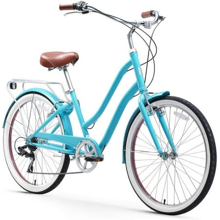 sixthreezero Everyone Steel Women's Hybrid Bike with Rear Rack, 7-Speed, 26 In. Wheels, Teal with Brown Seat and Grips