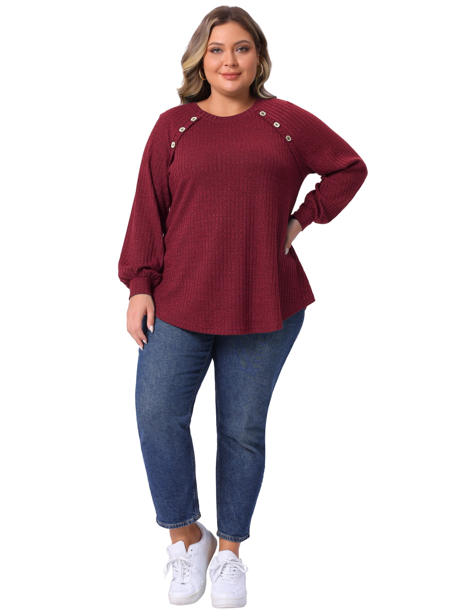 DARING DIVA Women's Plus Tops Crew Neck Button Decor Pullover Blouses 3X Burgundy